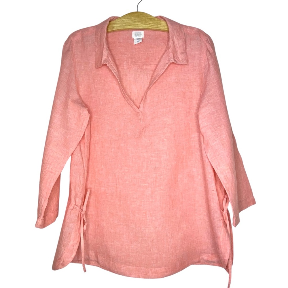 Sigrid Olsen 100% Linen Tunic Top Coral Pink Collar V-neck Tropical Coastal Sz L